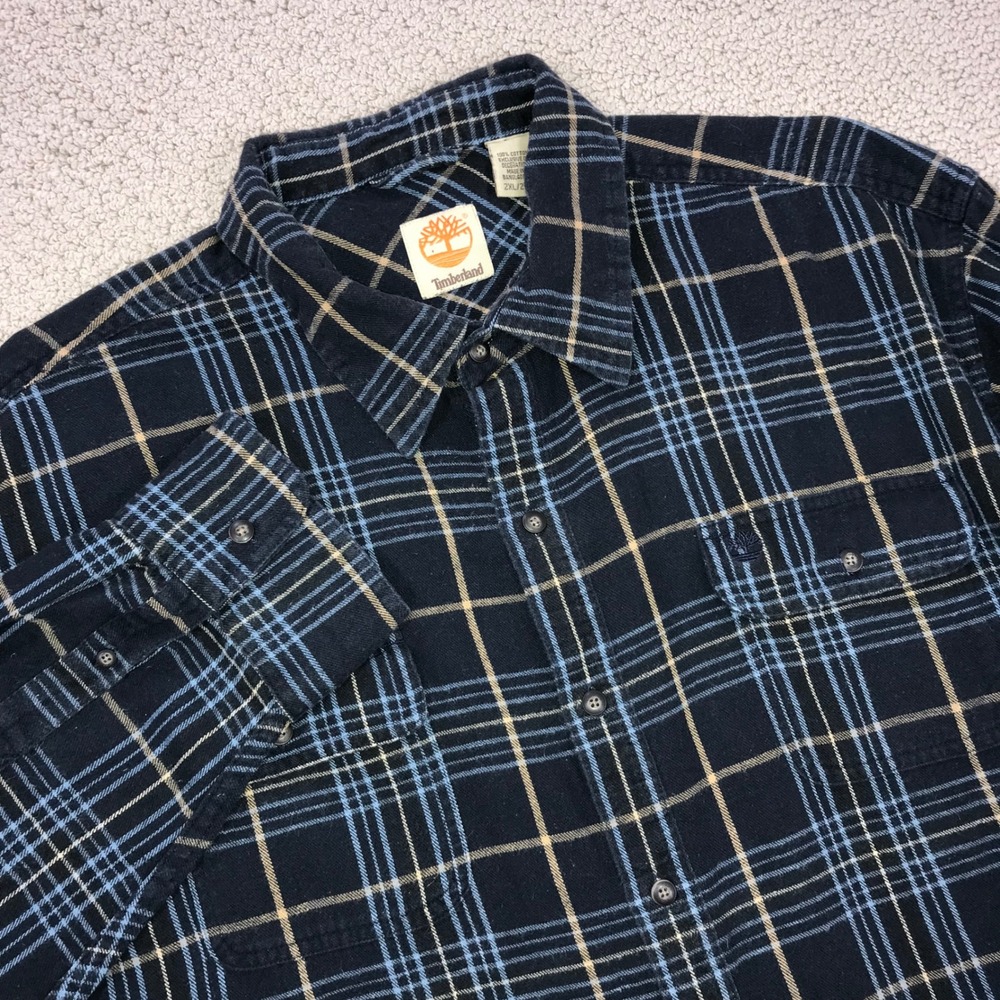 Timberland Mens 2XL Flannel Shirt Navy Blue Plaid Long Sleeve Button Down Cotton